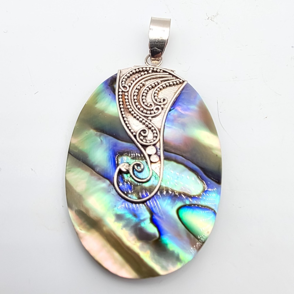 New Sterling Silver Colorful Abalone Shell Swirl 2" Womens Necklace Pendant